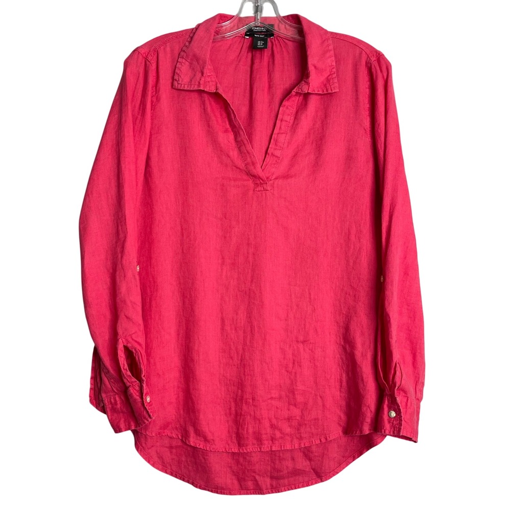 Jones & Co 100% Linen Popover Top‎ Womens S Pink Preppy Lagenlook Beach Roll Tab